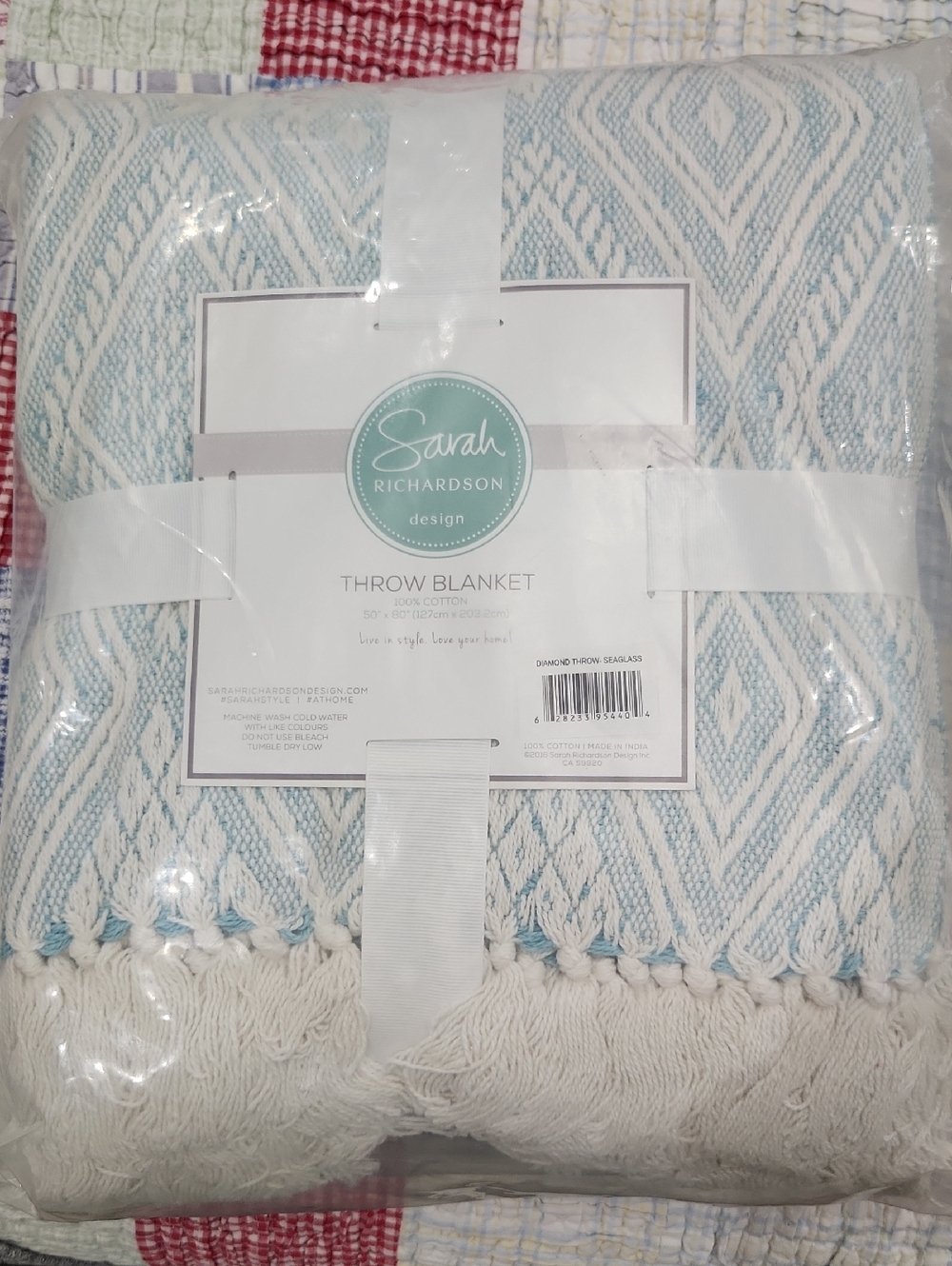 NWT Sarah Richardson 100% Cotton Light Blue Diamond Throw Blanket 50x80"